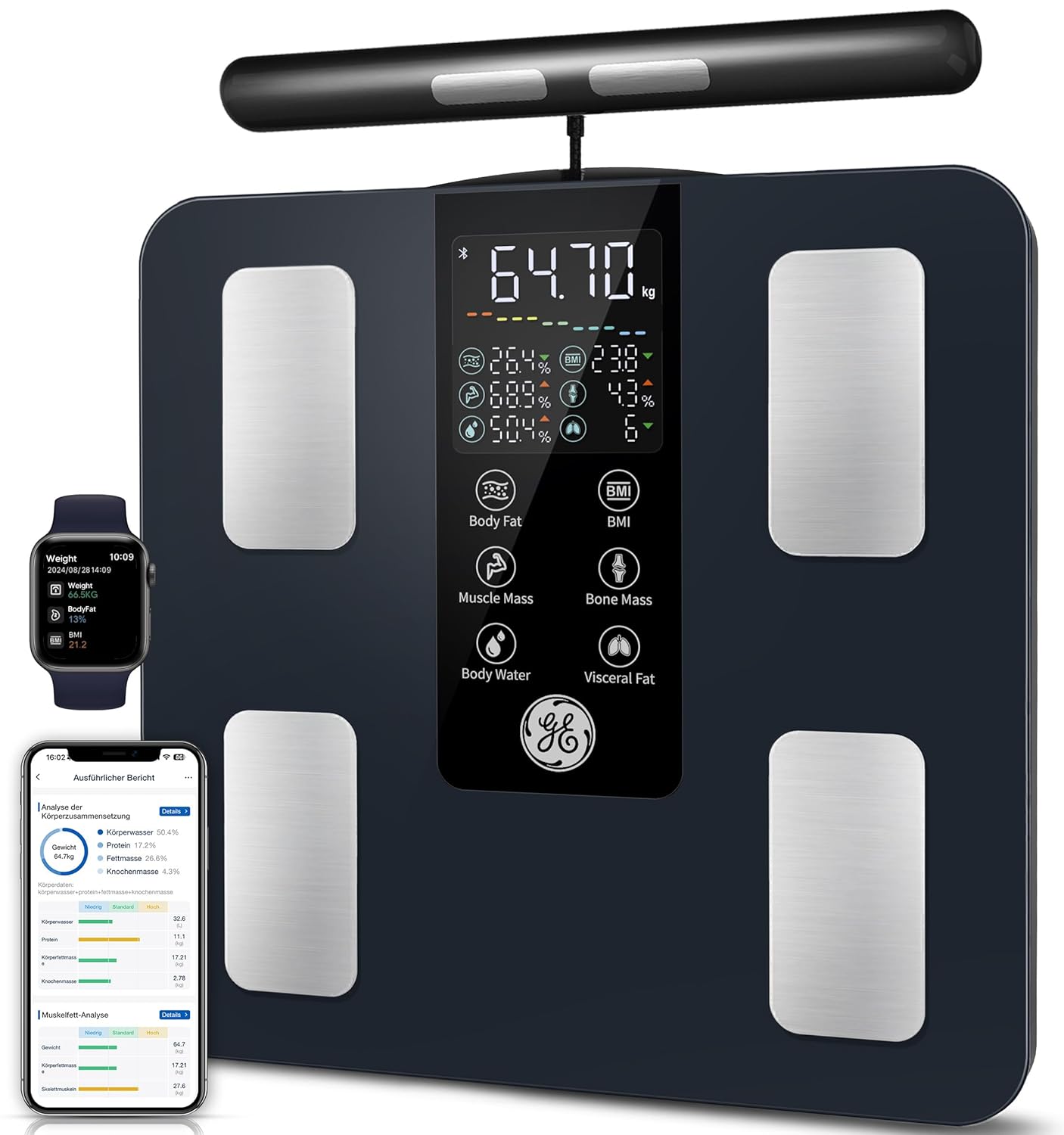 Körperfettwaage mit Muskelmasse-Analyse (bis 180 kg), Dark-Blue