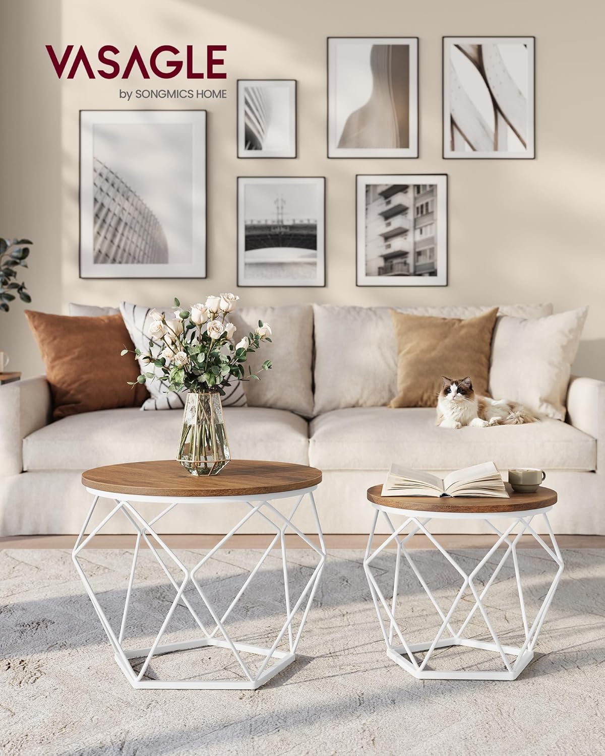 Runder Couchtisch-Set mit abnehmbarer Platte (2-teilig), (50d x 40H) cm+(40d x 36H) cm Honigbraun + Wolkenweiss