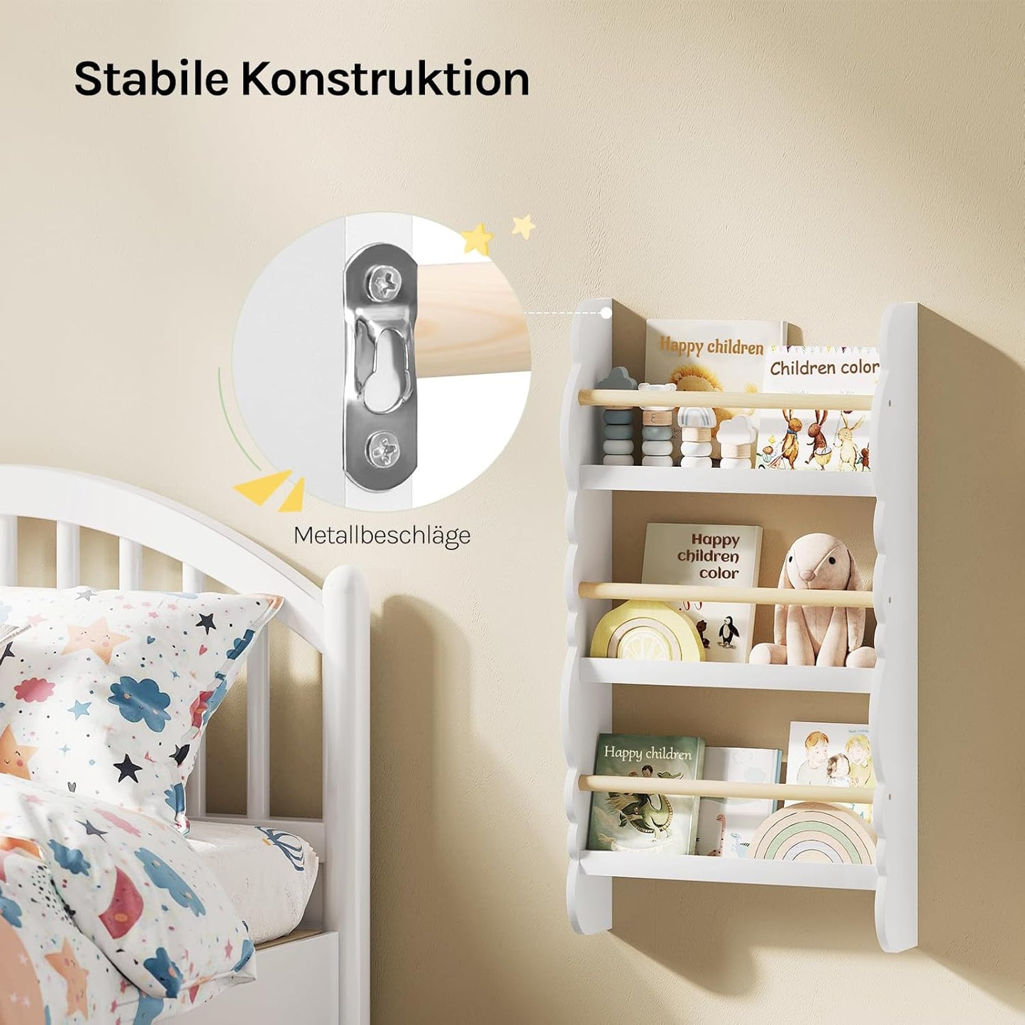 Kinder Bücherregal Wand mit 3 Ablagen, Weiß 42.5x80cm