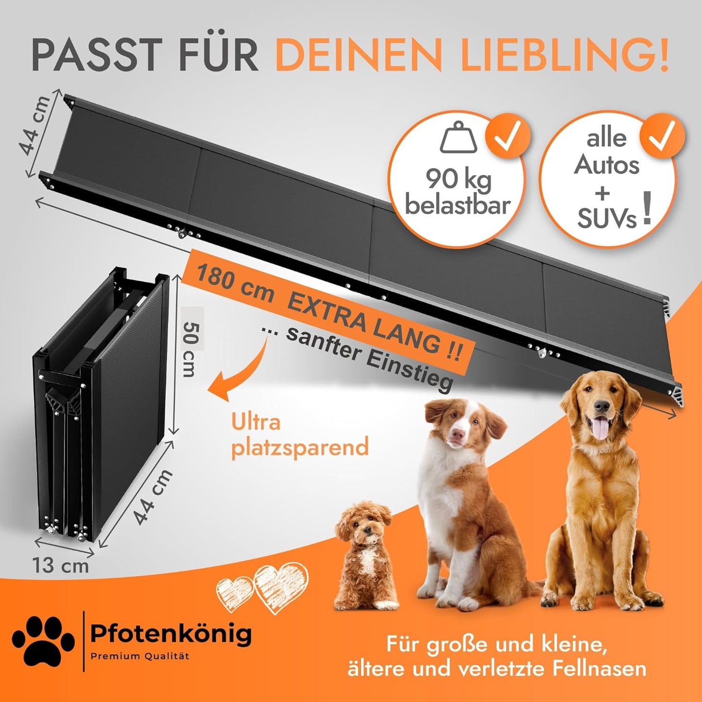 Klappbare Hunderampe, 1,80 m, Aluminium - 1,80 m - EXTRA LANG