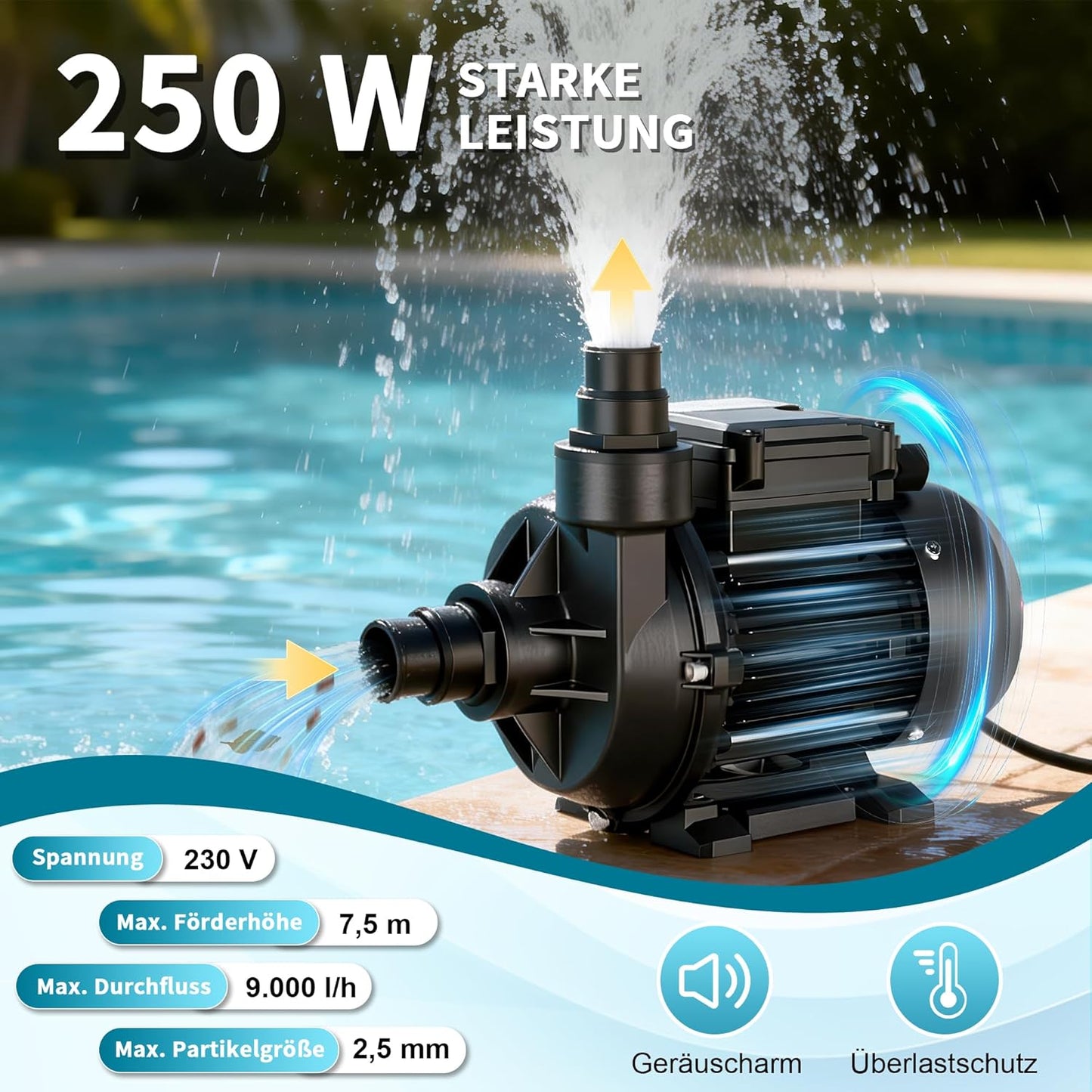 Poolpumpe, max. 9.000 l/h Fördermenge, Schwarz