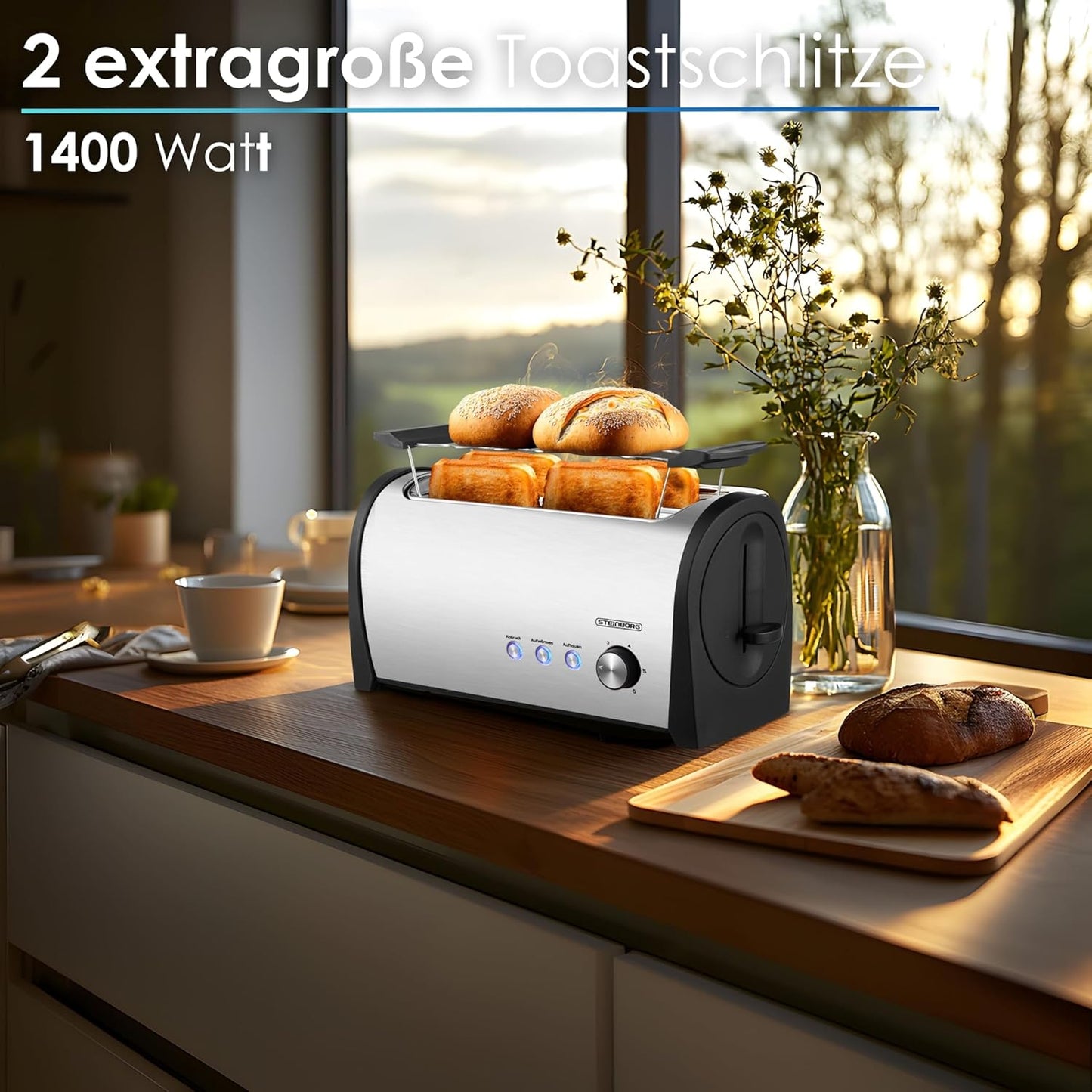 Toaster für 4 Scheiben mit Brötchenaufsatz