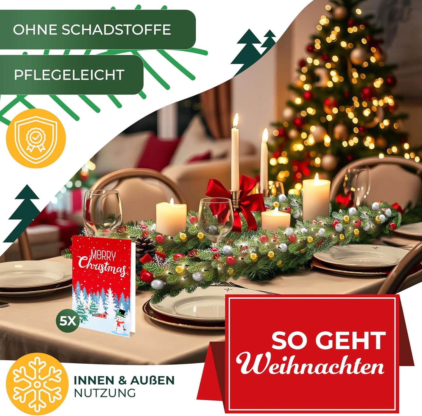 Weihnachtsgirlande mit 200 LEDs, 10m / 200 LEDs Naturgrün + Deko
