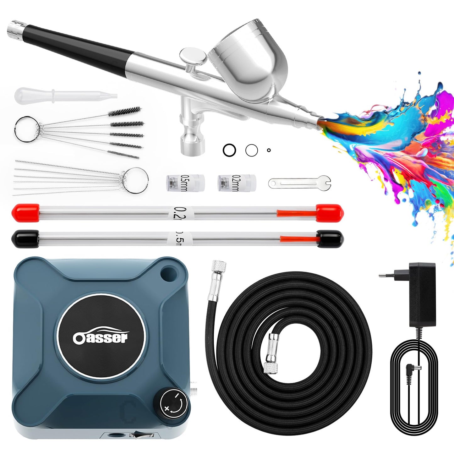 Airbrush Set mit Kompressor, Double Action-Airbrush-Pistole und Zubehör, Blau