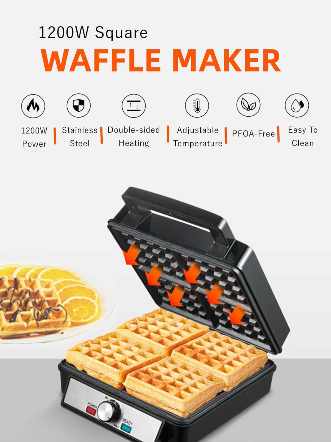 4-Scheiben Belgisches Waffeleisen mit Bräunungsregler, Schwarz