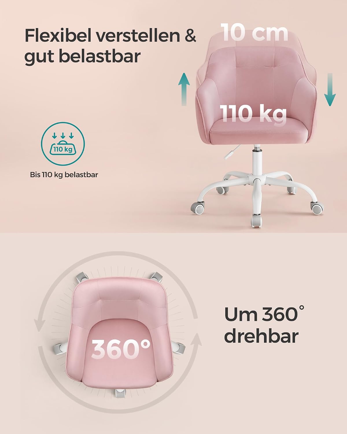 Homeoffice-Drehstuhl, höhenverstellbar, bis 110 kg, Pastellrosa Samt