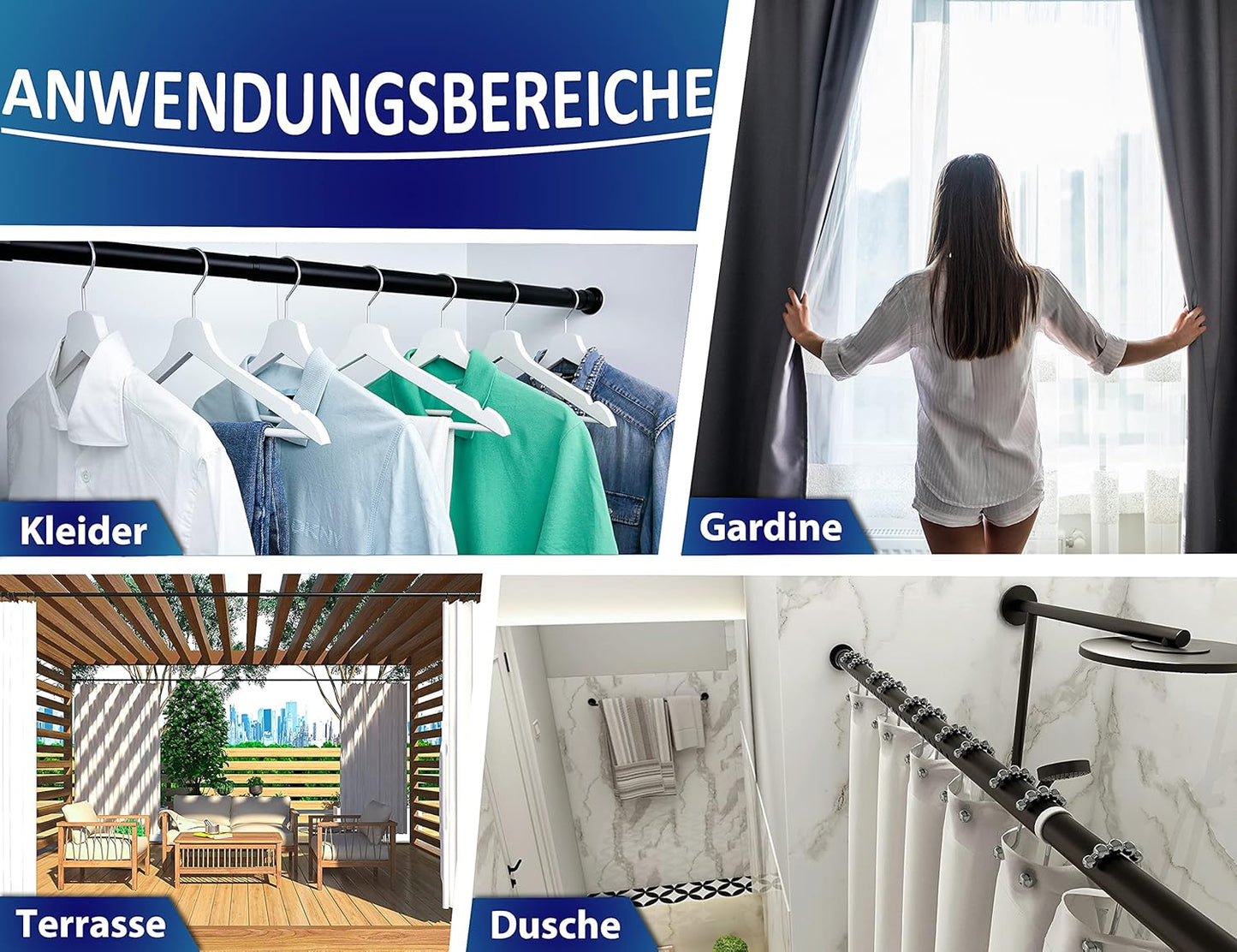 Teleskop-Duschvorhangstange ohne Bohren, 260-310 cm Matt Schwarz