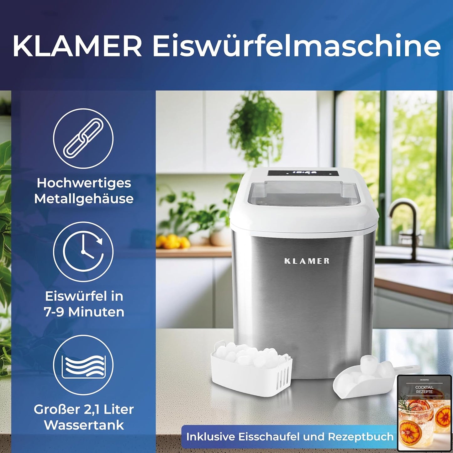 Eiswürfelmaschine mit Timer & Schaufel, Weiss 2.1L