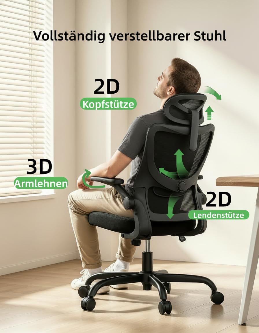 Ergonomischer Bürostuhl mit verstellbarer Lendenwirbelstütze, Dunkel