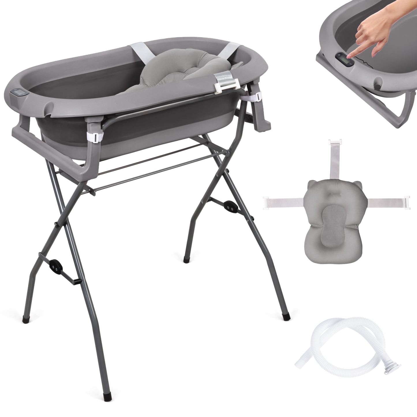 Babybadewanne mit Faltgestell und Badekissen, Dunkel Grau mit Ständer und Badekissen