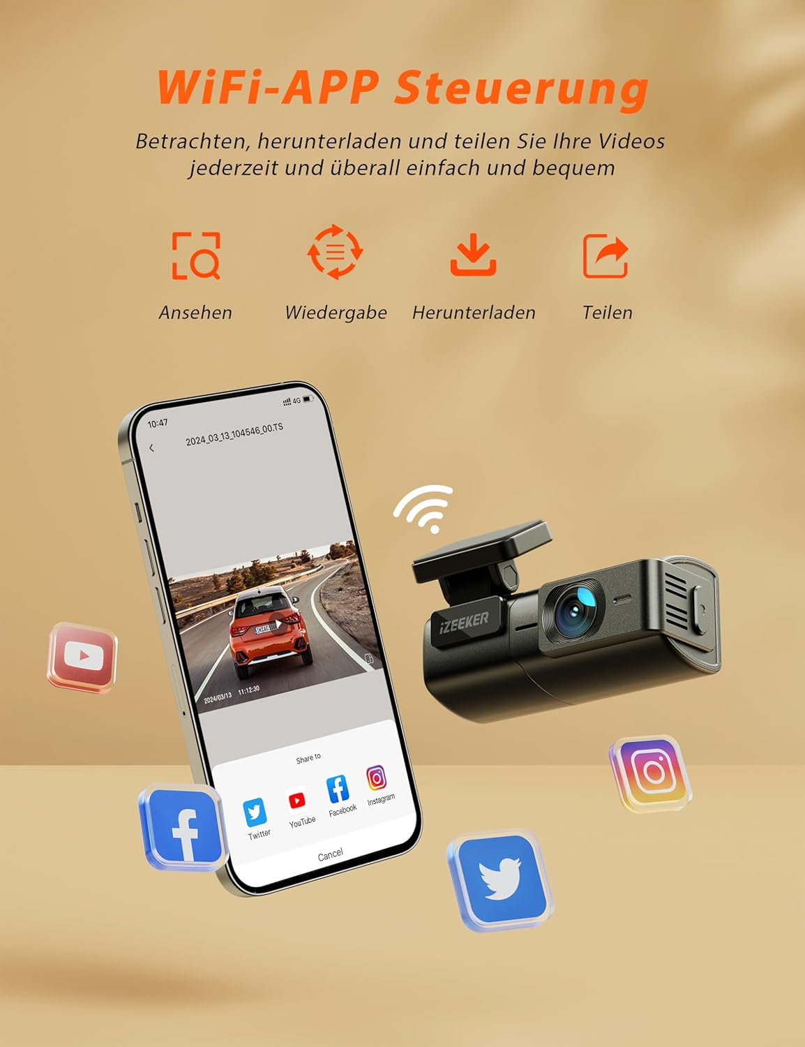 2,5K Dashcam mit WiFi und Nachtsicht