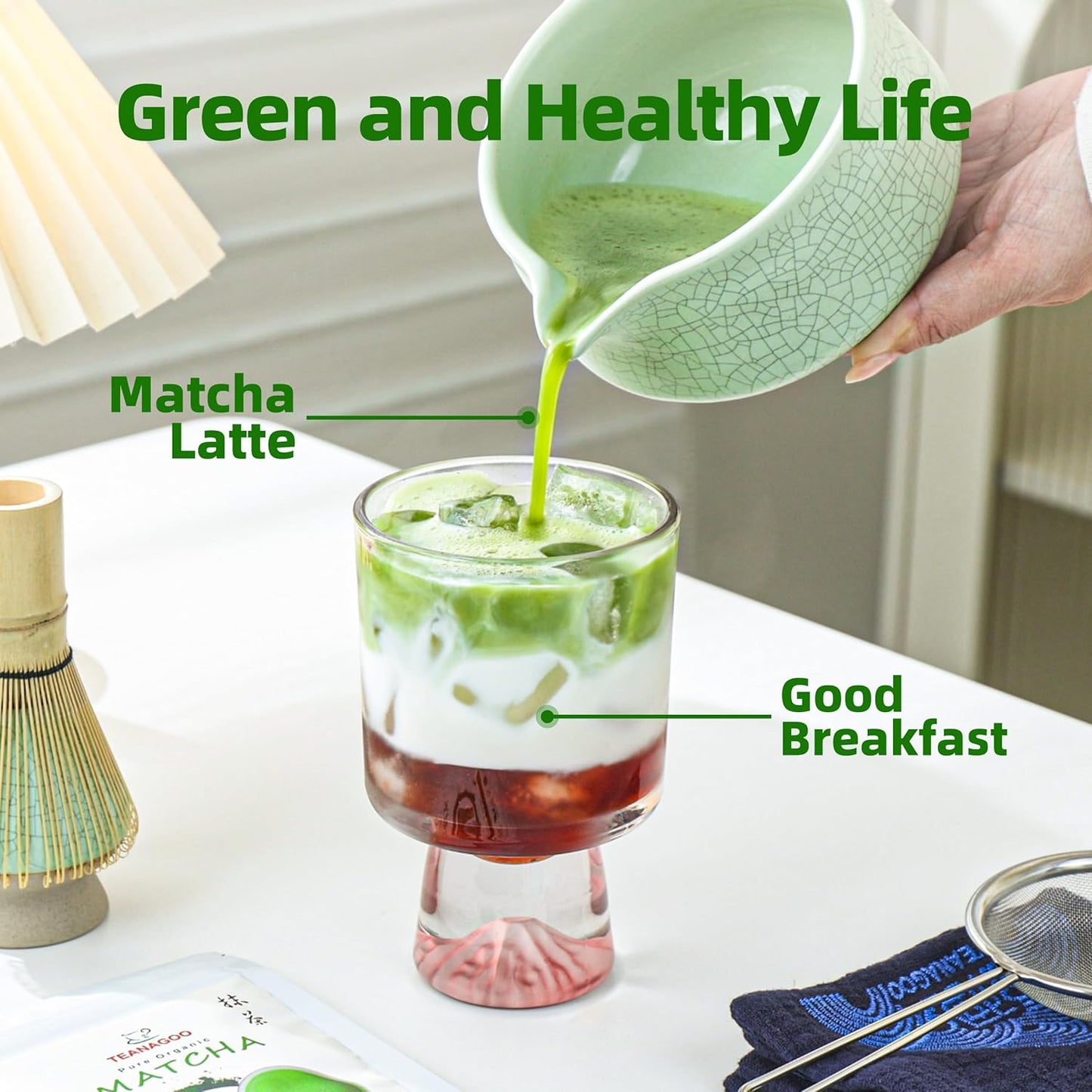 7-teiliges Matcha Teezeremonie-Set, Hellgrün mit Schwarzer Naht