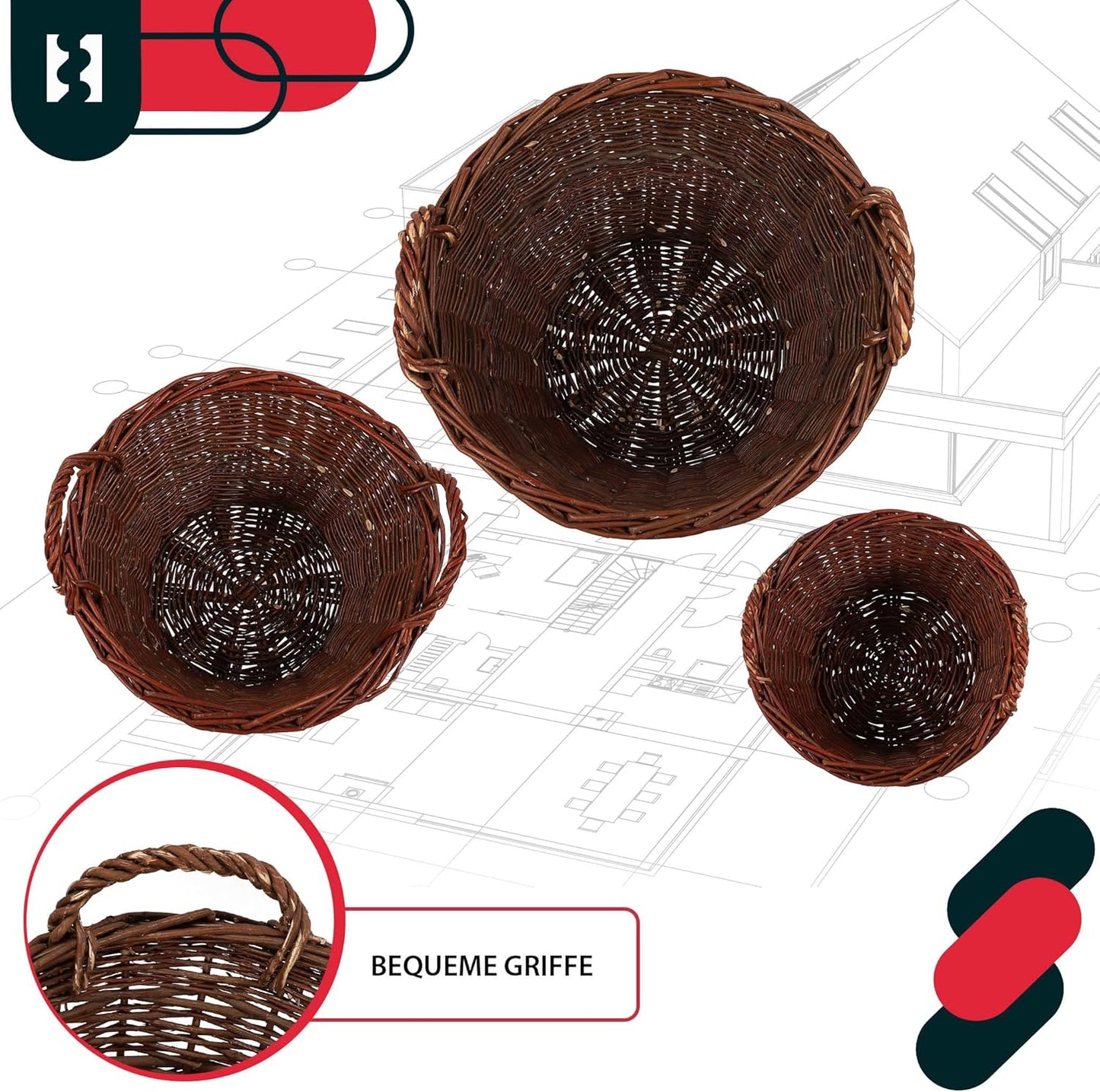 3er-Set Weidenkörbe mit Griffen, ø 30 cm / ø 40 cm / ø 50 cm