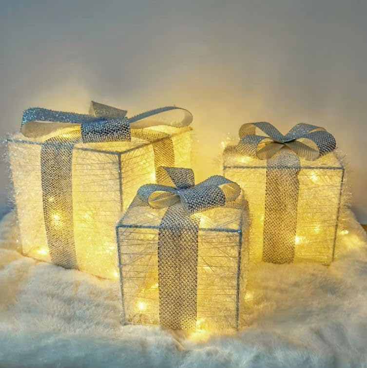 3er-Set LED Geschenkboxen mit Timer, Weiss-silber