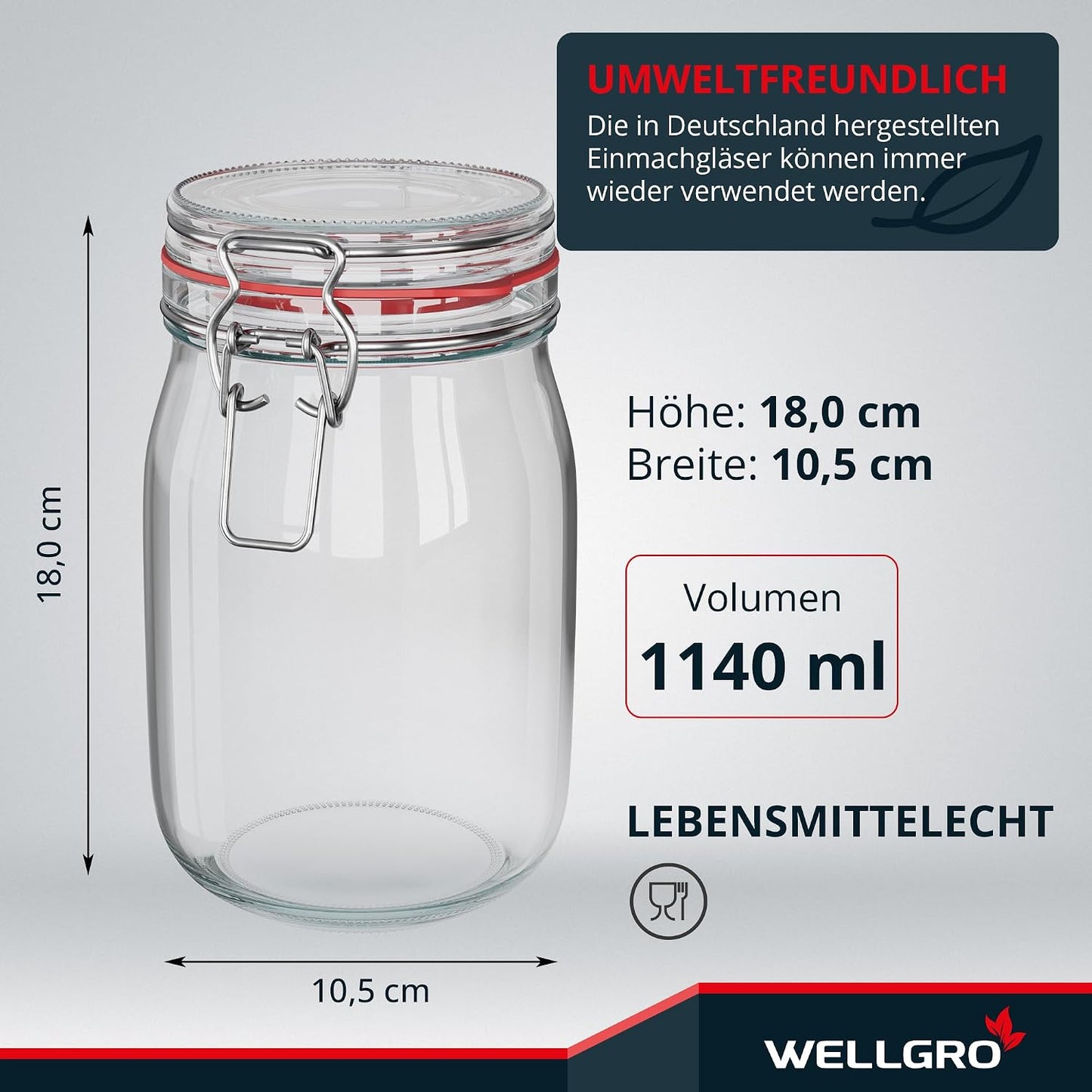 Einmachgläser mit Bügelverschluss, 1140ml x 6 Stück
