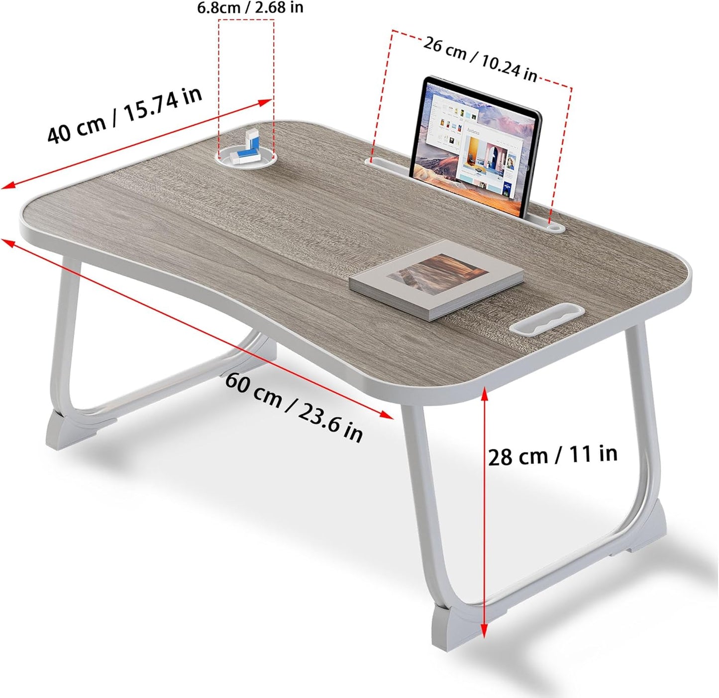 Klapptisch mit Tablethalterung, Griffmulde und Getränkehalter, Grau