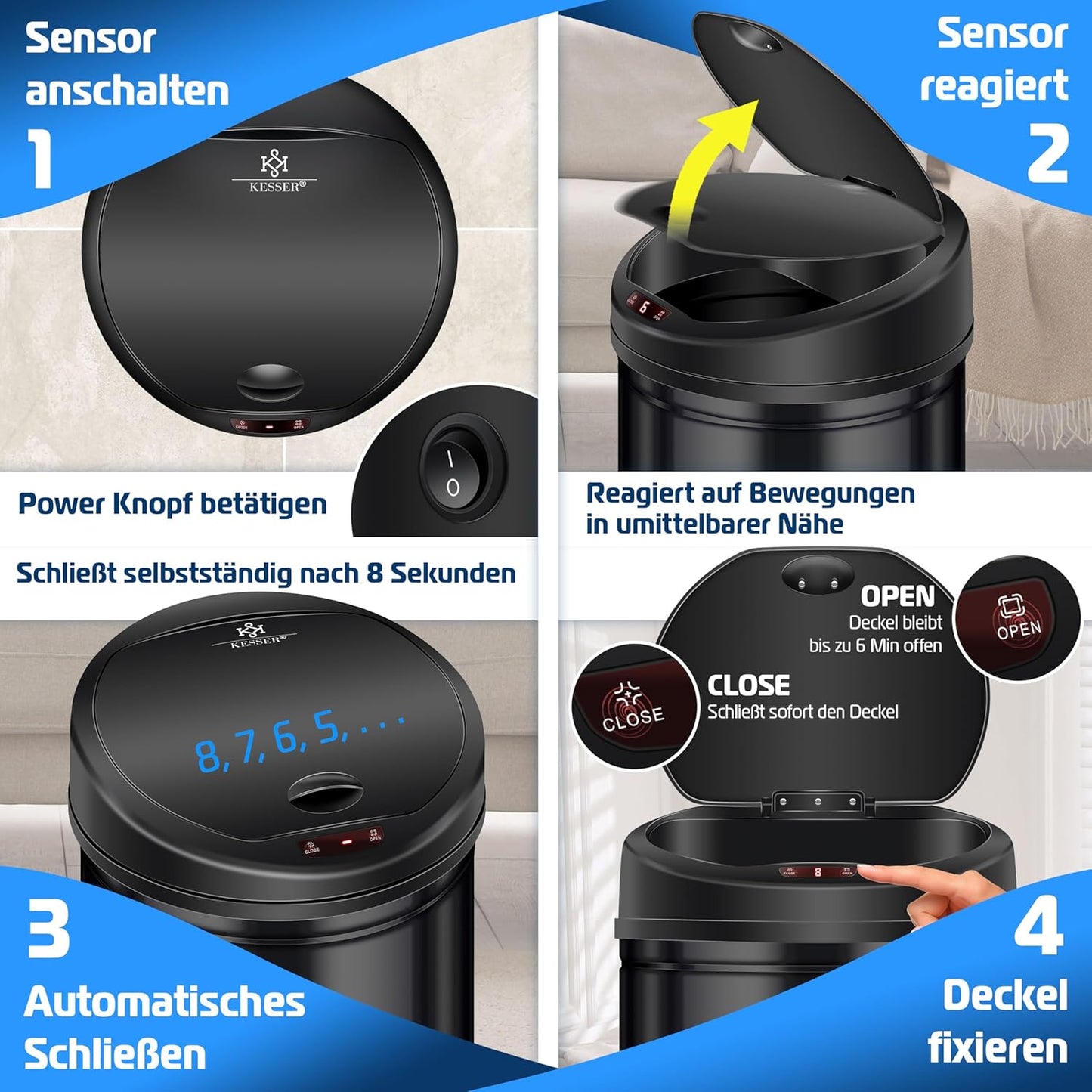 Sensor-Abfalleimer, 40 L, 40 Liter Schwarz