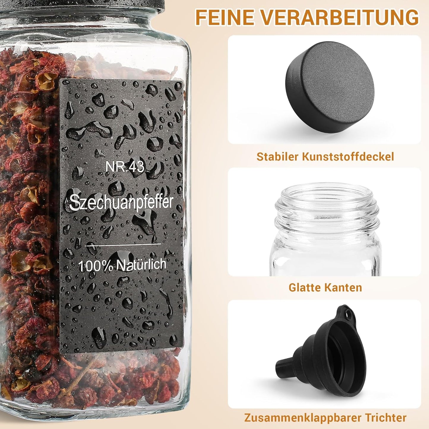24-teiliges Gewürzgläser-Set mit Streueinsätzen, Etiketten und Deckeln