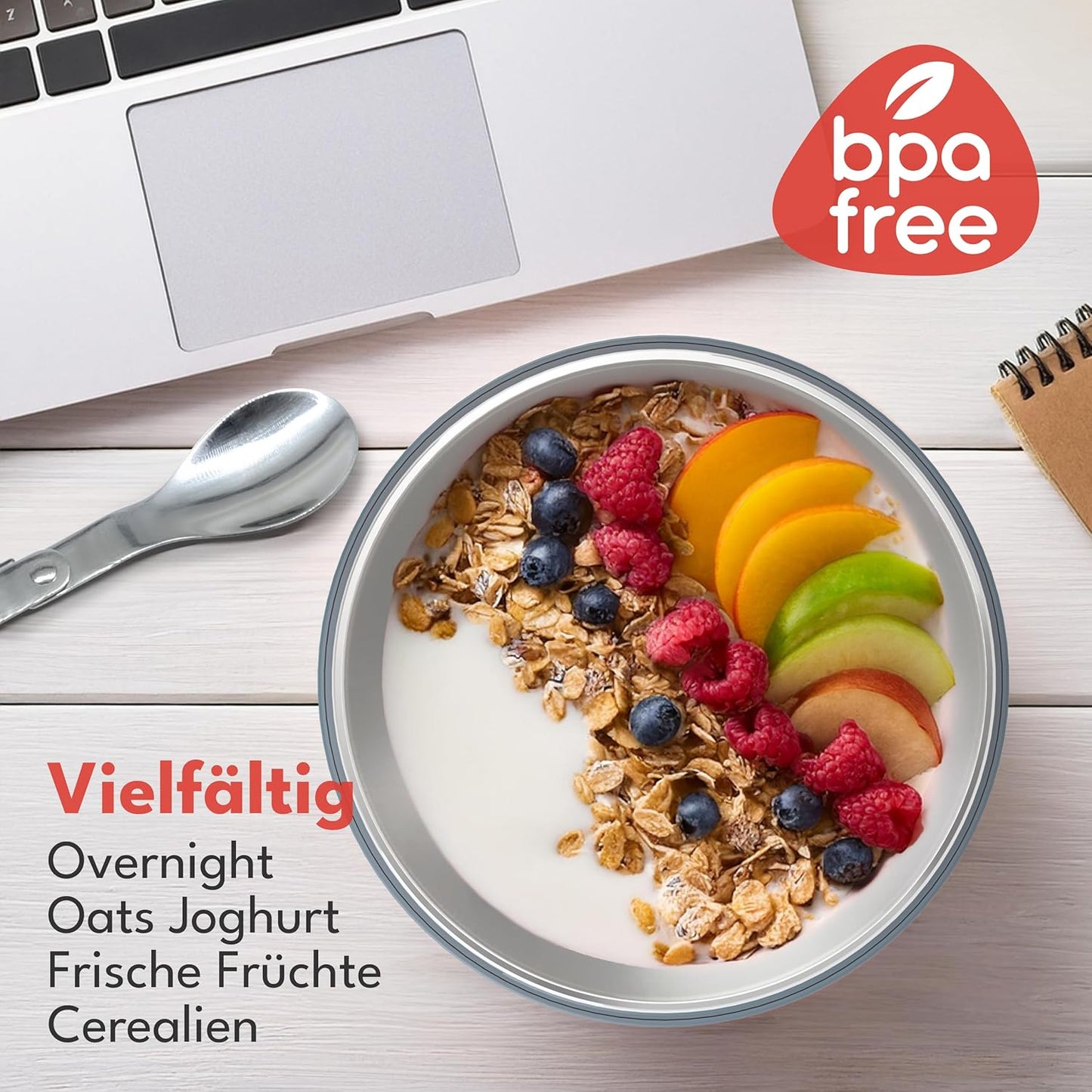 Müslibecher To Go mit Löffel, Blau 500ml + 150ml