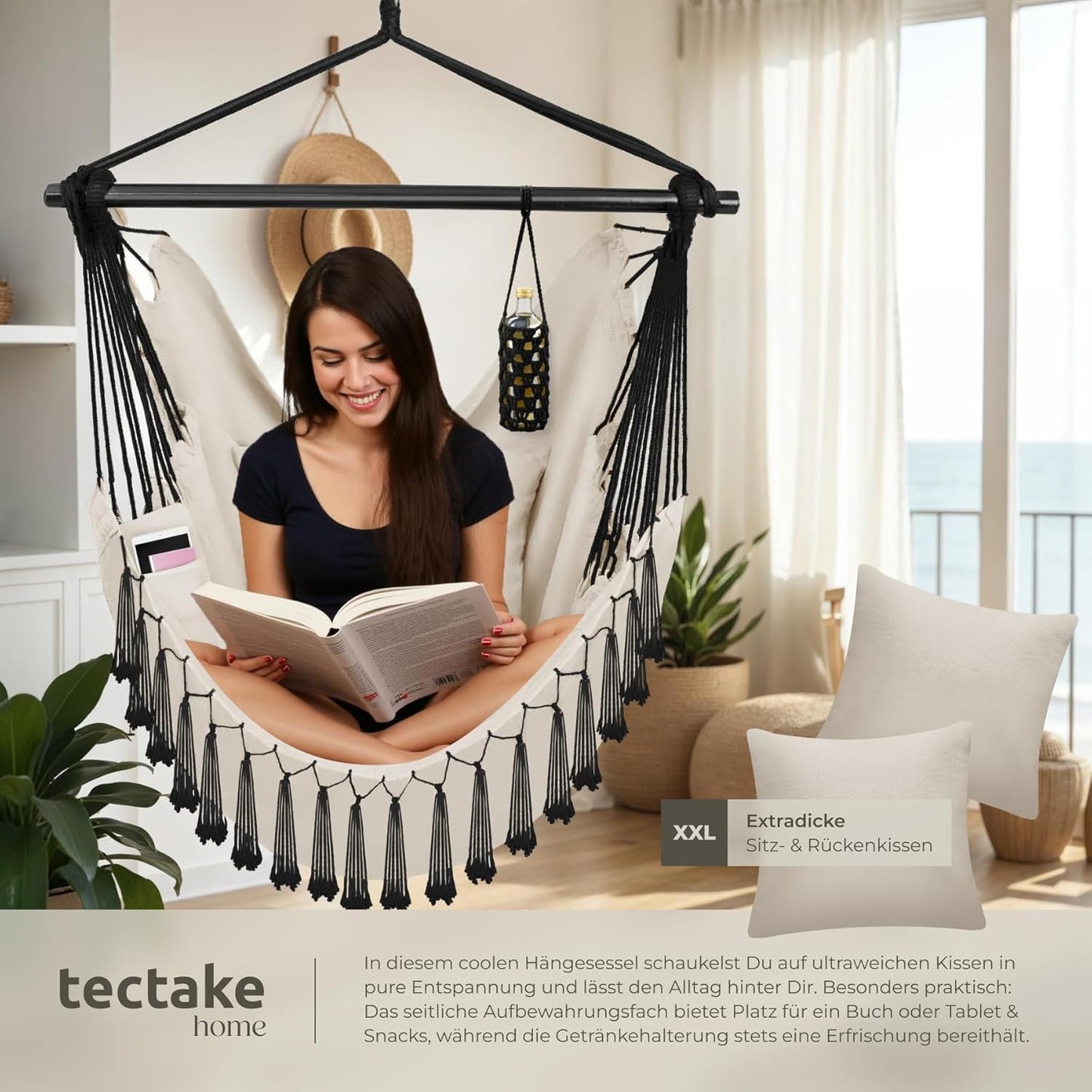 Malika - Hängesessel mit Tabletfach & Getränkehalterung, Beige