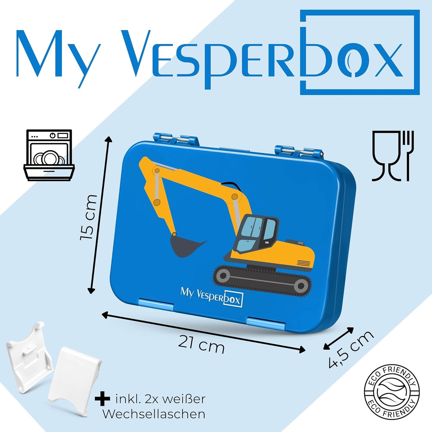 Bento Box mit Bagger-Motiv für Kinder, Blau - Bagger Len 21x15x4,5cm