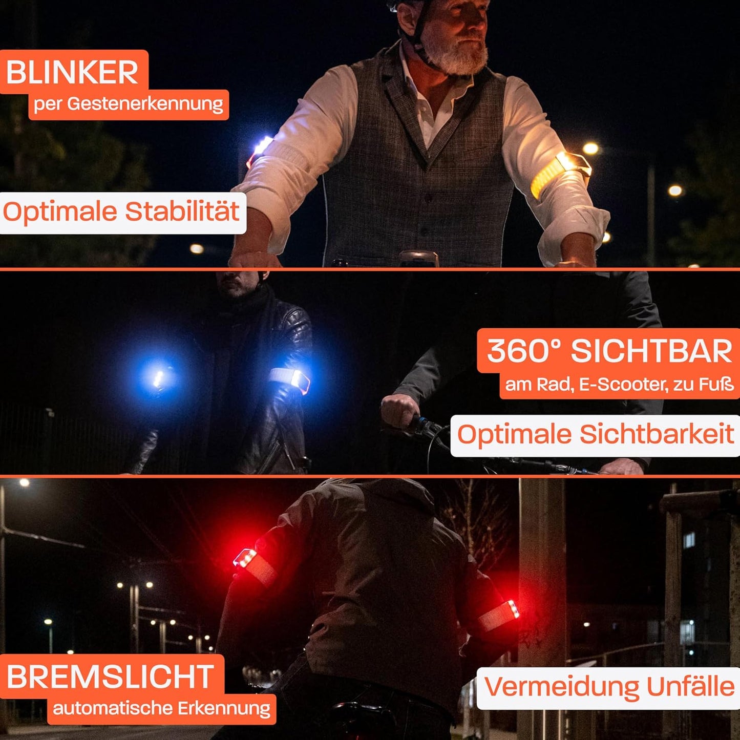 Smarte Blinker Armbänder für Fahrrad, E-Scooter, Läufer