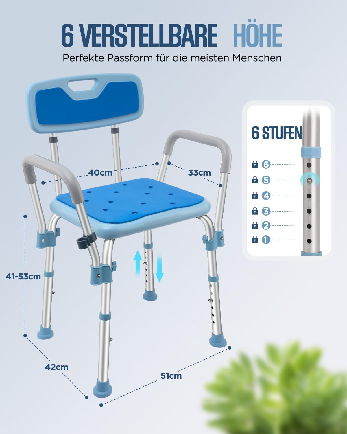 Duschstuhl mit Arm- und Rückenlehne, bis 180kg belastbar, Duschstuhl mit Armlehnen und Rückenlehne
