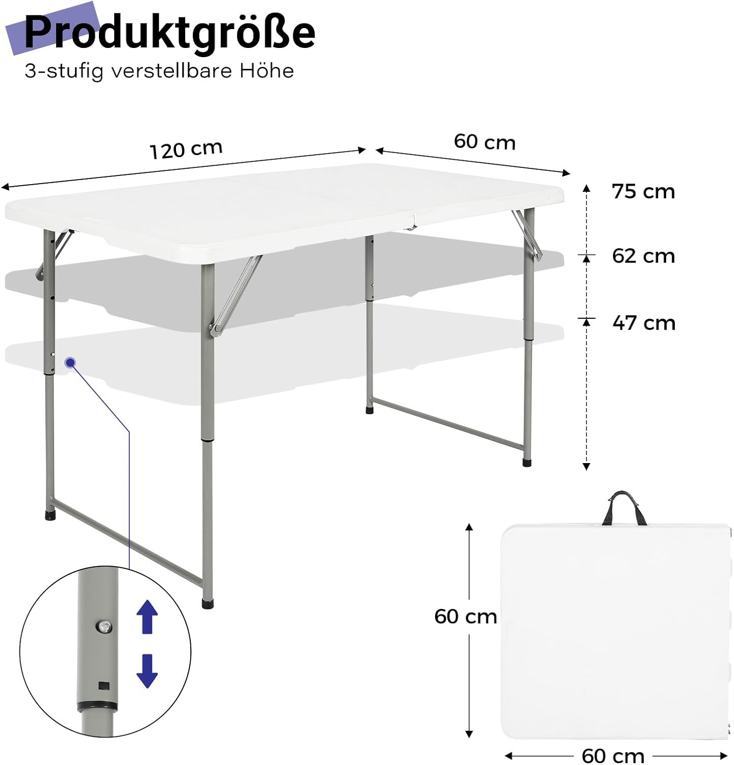 Höhenverstellbarer Klapptisch, tragbar, Weiss