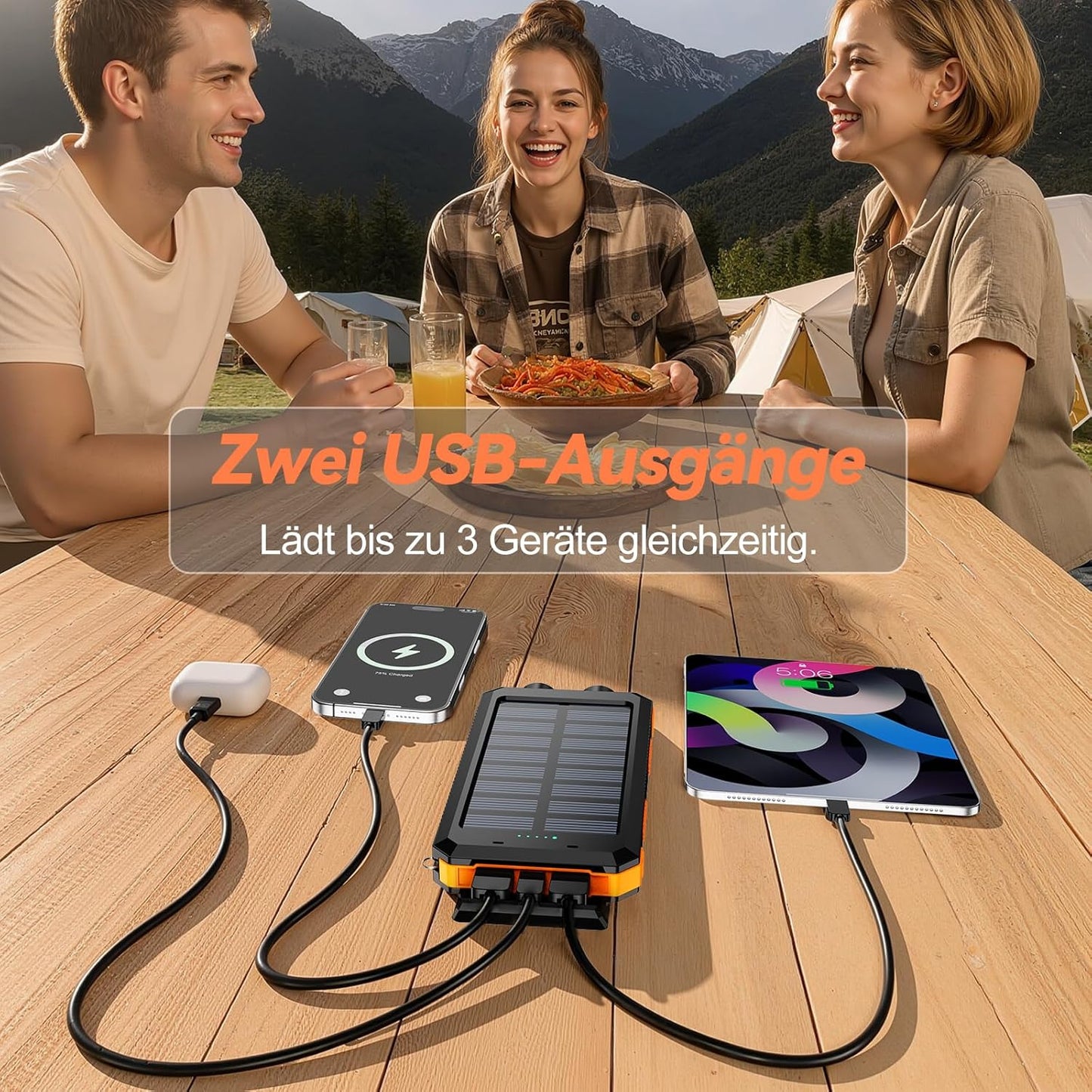 Solar Powerbank, wasserdicht, USB C, 4 Outputs, Dunkelorange