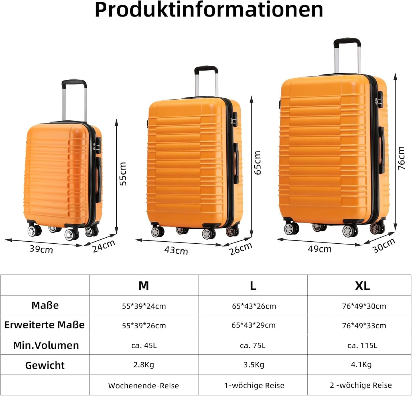 3-teiligers Hartschalenkoffer-Set, Orangen Set
