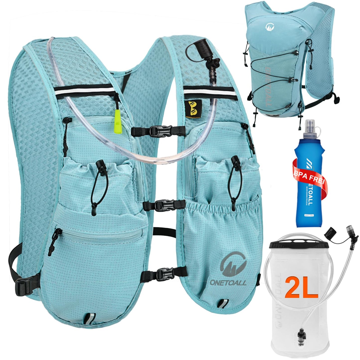 Trinkweste mit 2L Trinkblase & 500ml Flasche (6L), Blau mit eine 500ml Trinkflasche + eine 2L Trinkblase
