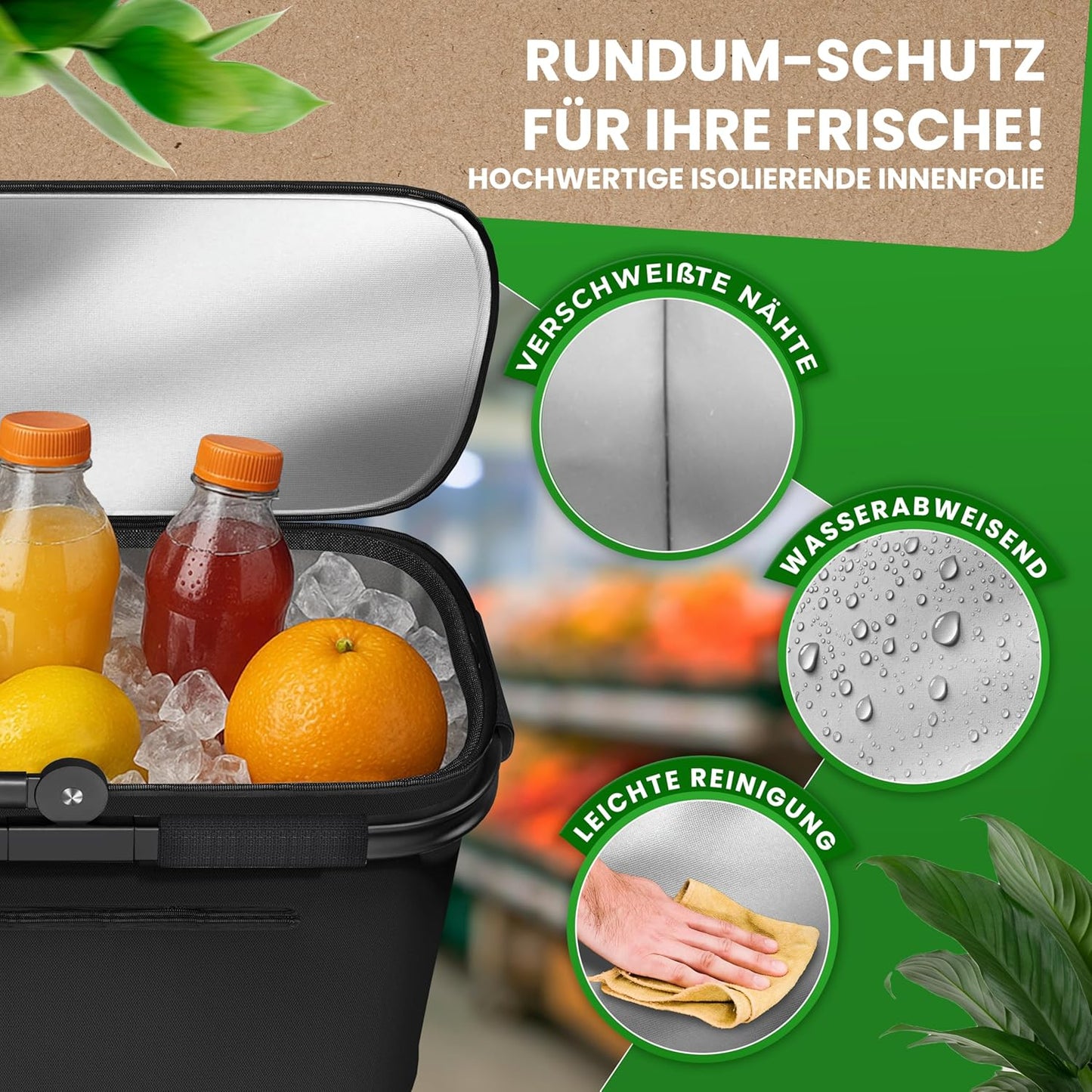Thermo Einkaufskorb mit Isolierung und Deckel, Schwarz