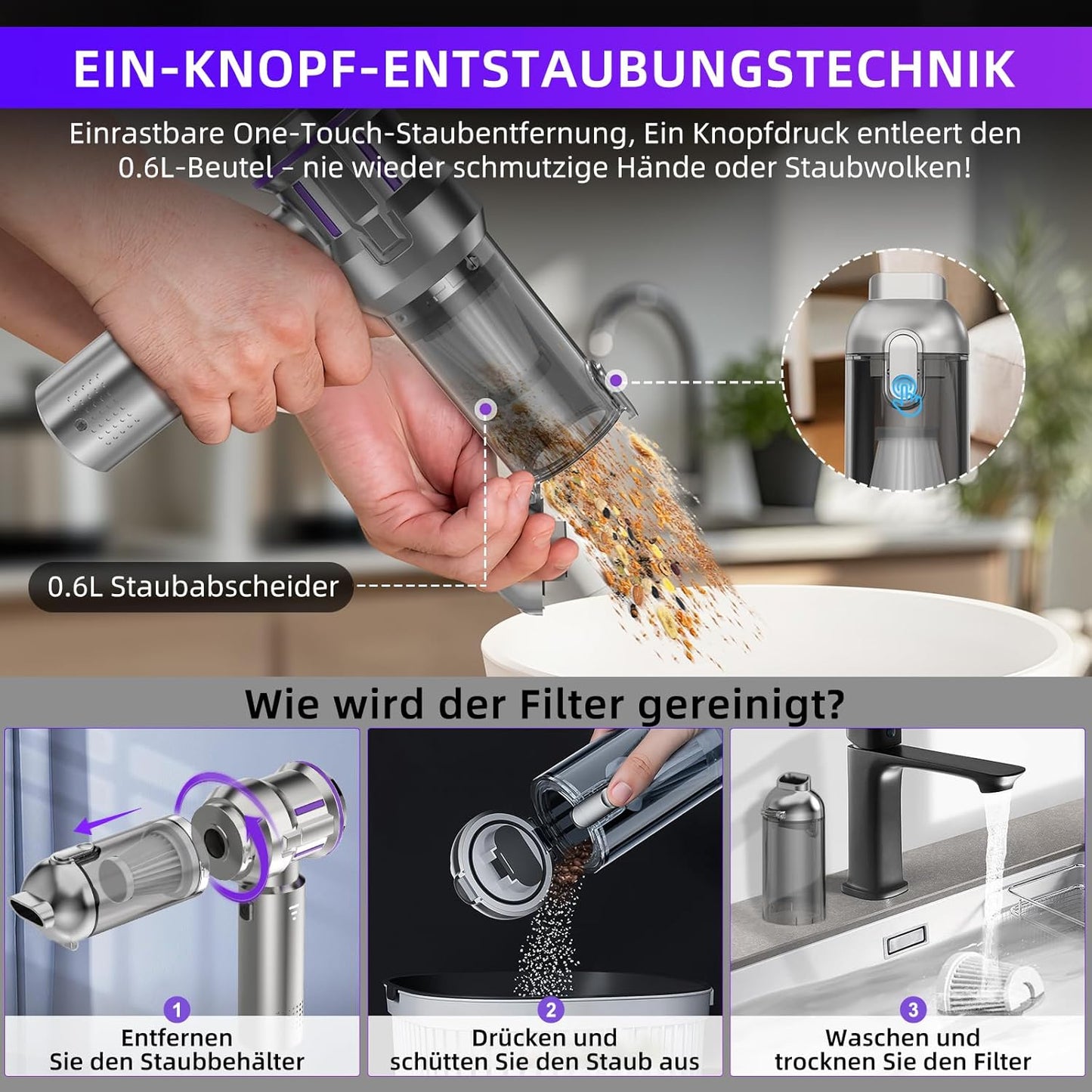 4-in-1 Akkustaubsauger mit Selbstentleerung, Silber mit Lila