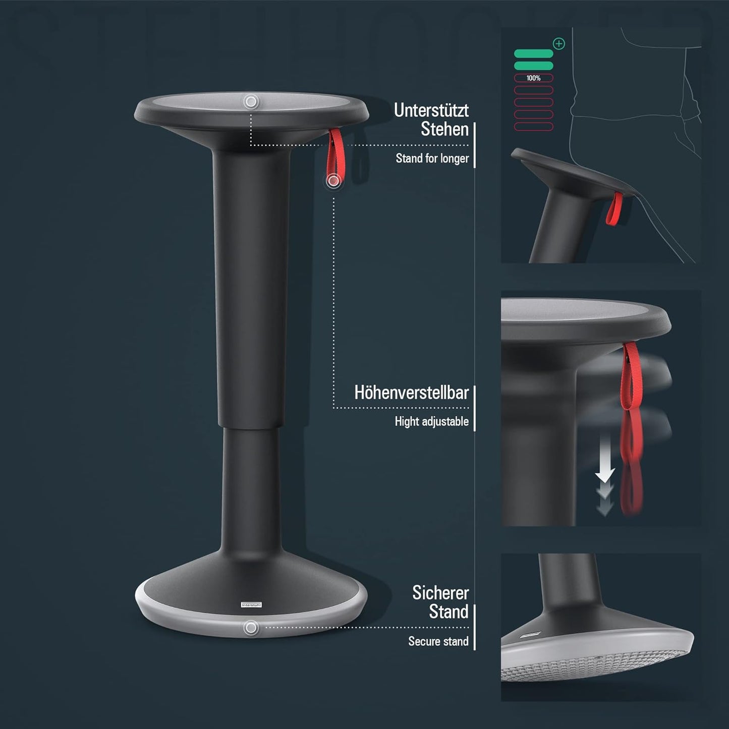Ergonomischer Stehhocker höhenverstellbar, UP Stehhocker Schwarz