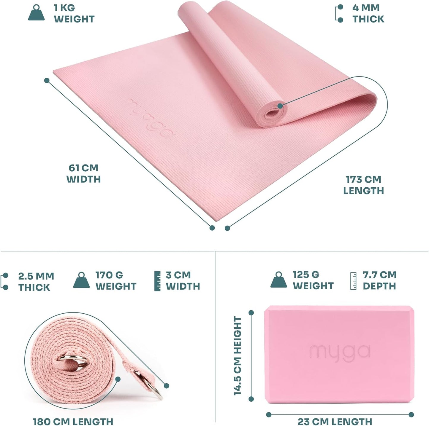 Yoga-Starter-Set mit Matte, Blöcken & Gurt, Rosa