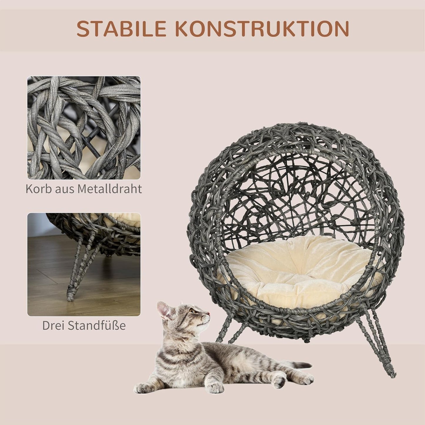 Katzenkorb mit Kissen, Silbergrau
