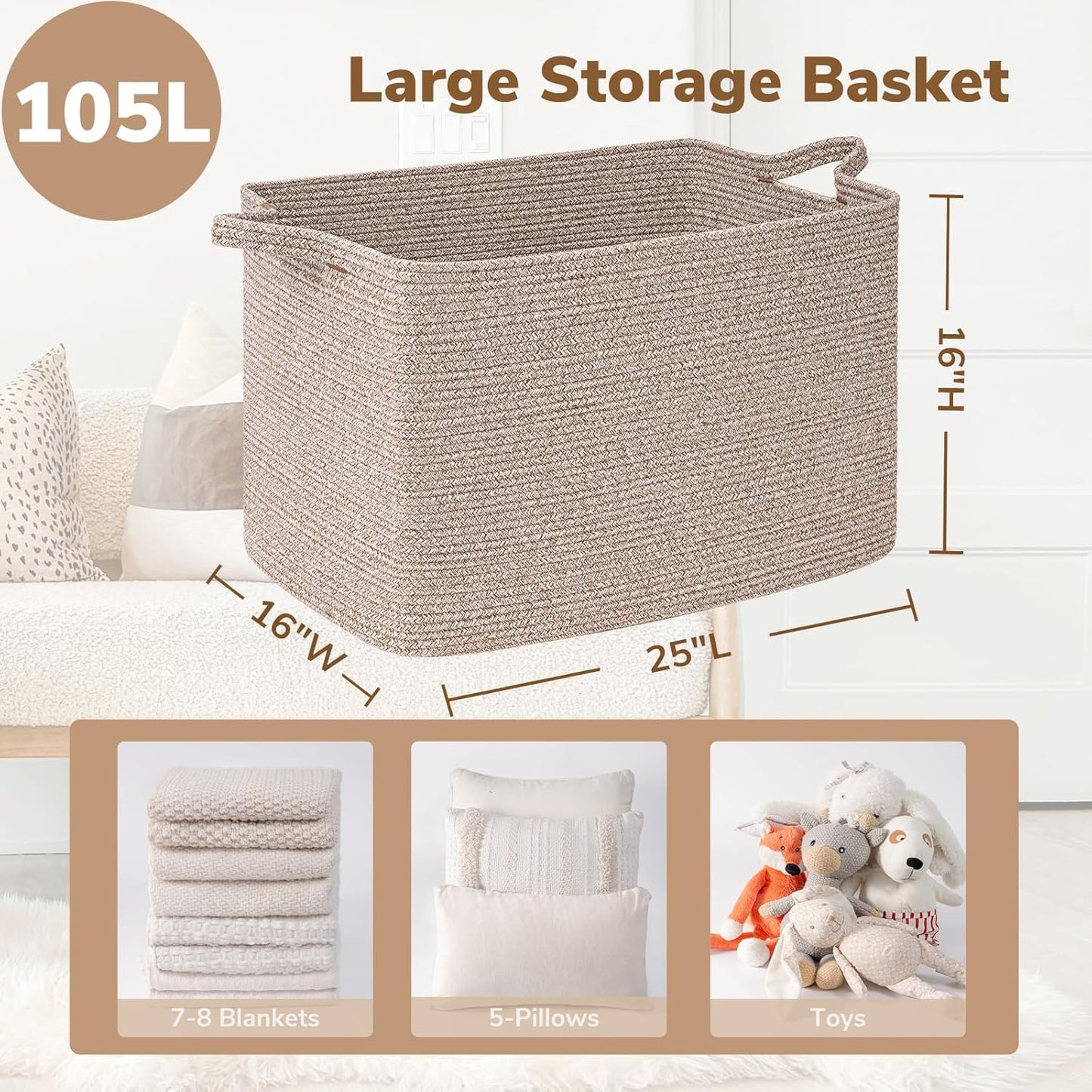 Grosser Aufbewahrungskorb, Braun 105L（63.5 x 40.5 x 40.5 cm）