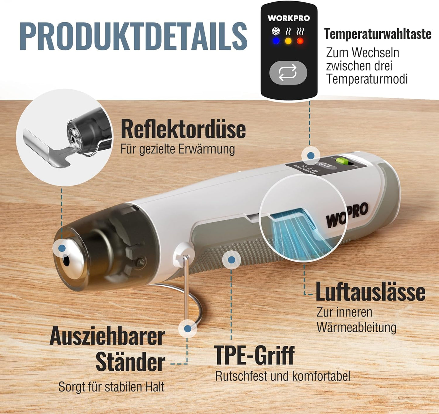Mini Heissluftpistole mit Akku und Schrumpfschläuchen, Weiß & Grau
