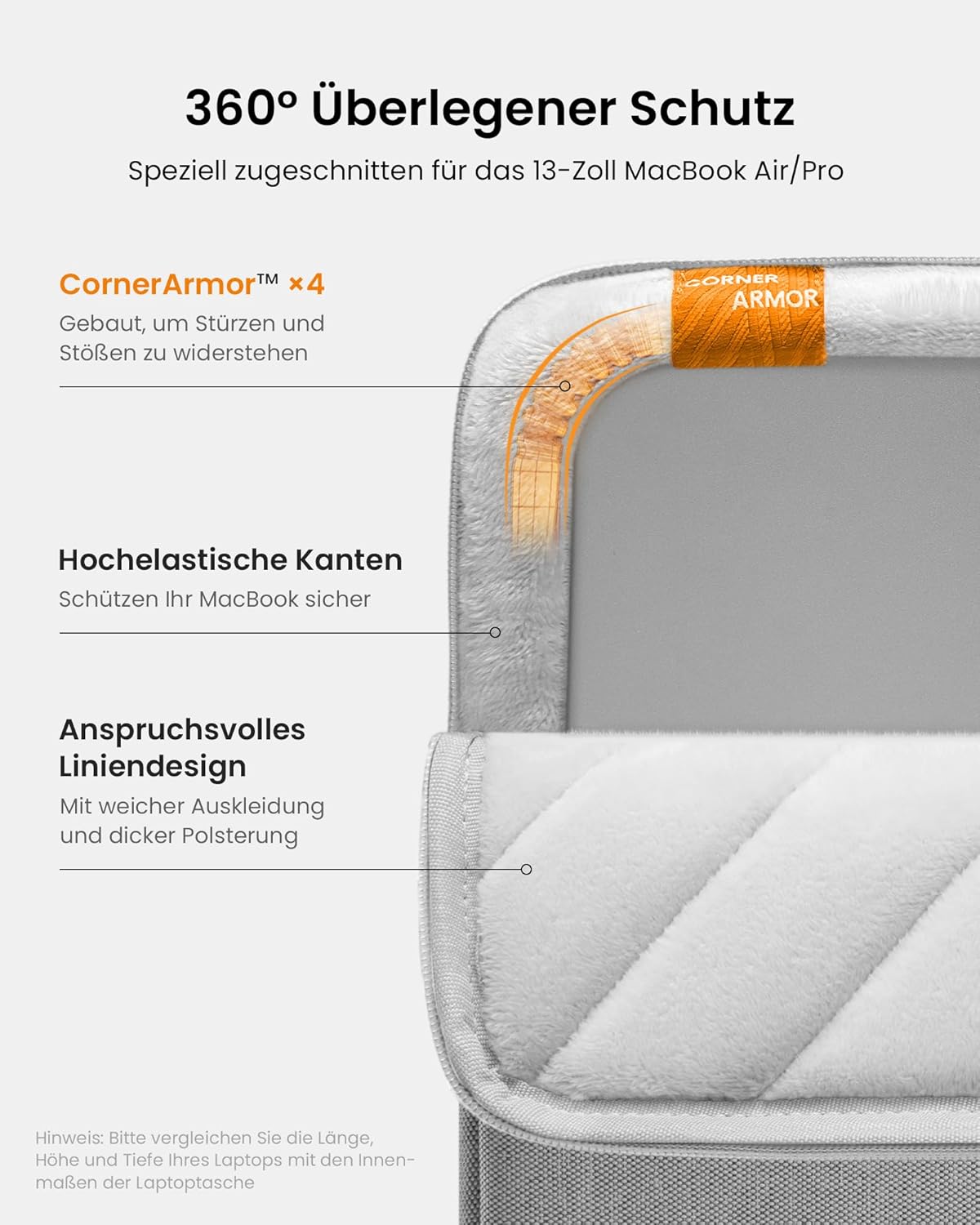 360° Laptophülle für 13", 13 Zoll für MacBook Air/Pro Hellgrau