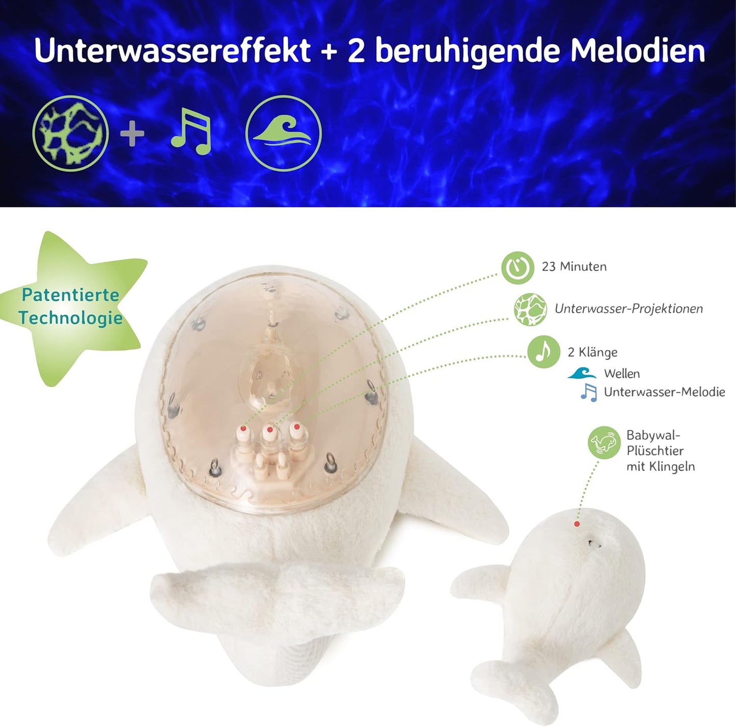 Nachtlicht Meeresbodenprojektor mit Geräuschen, Tranquil Whale Family – Weiss Einheitsgrösse