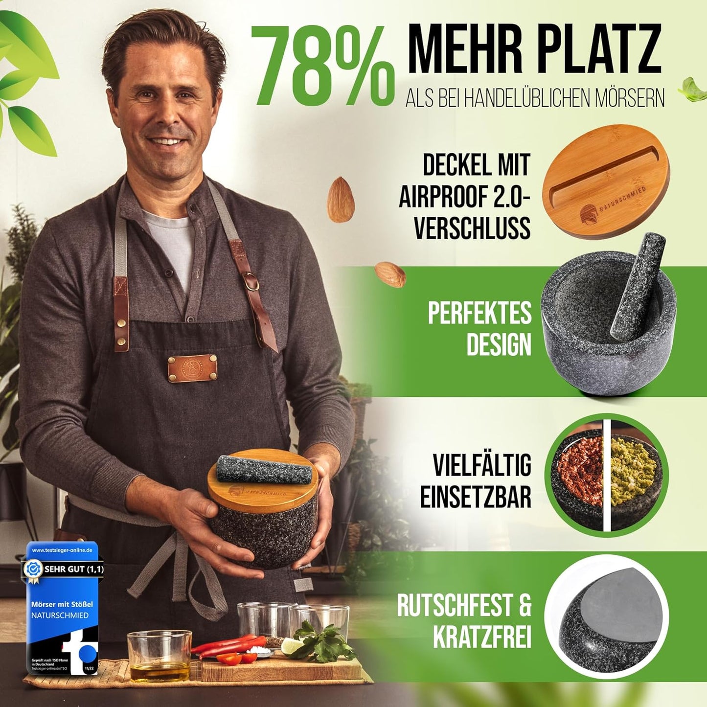 Mörser mit Stössel und Deckel, Anthrazit