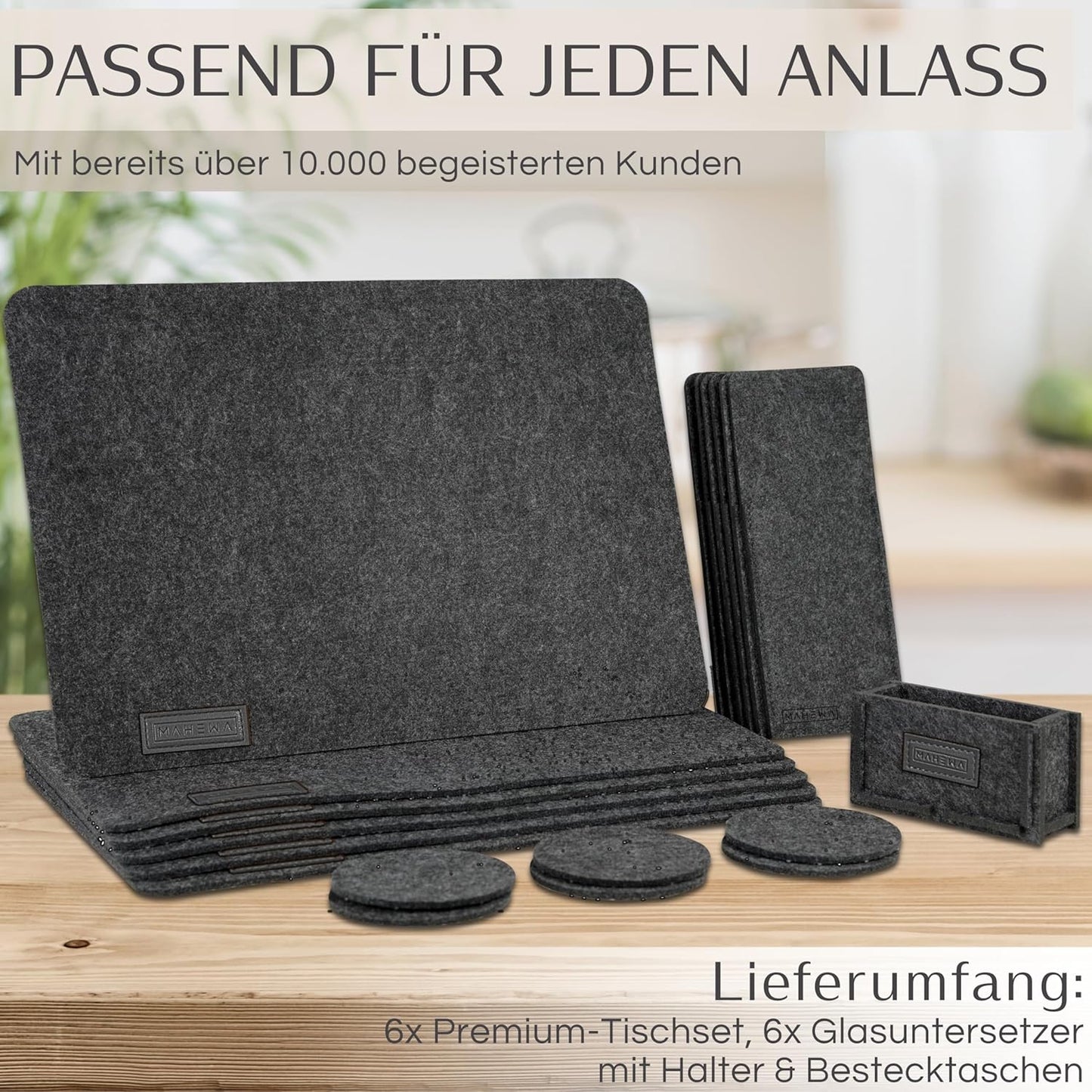 Filz Tischset mit Untersetzern und Bestecktaschen, Anthrazit-Weiss 6er Set mit Zubehör