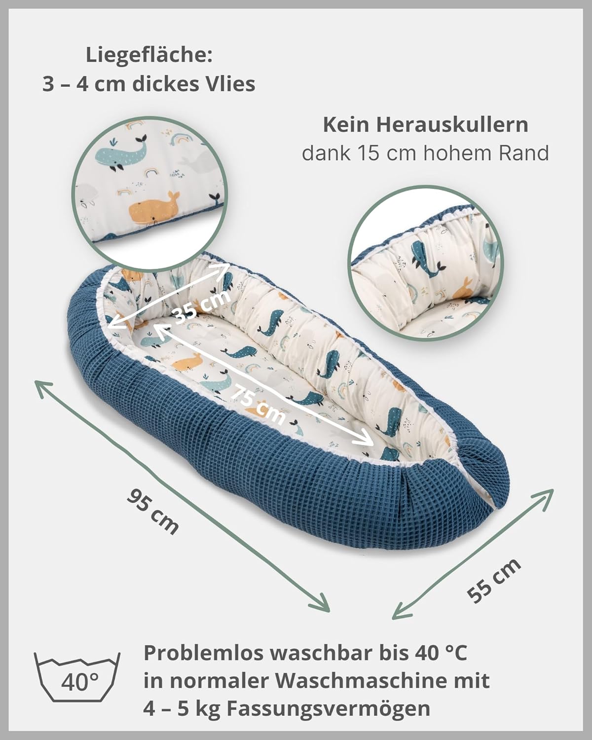 Babynest aus Baumwolle für Neugeborene, Blau-wale Babynest