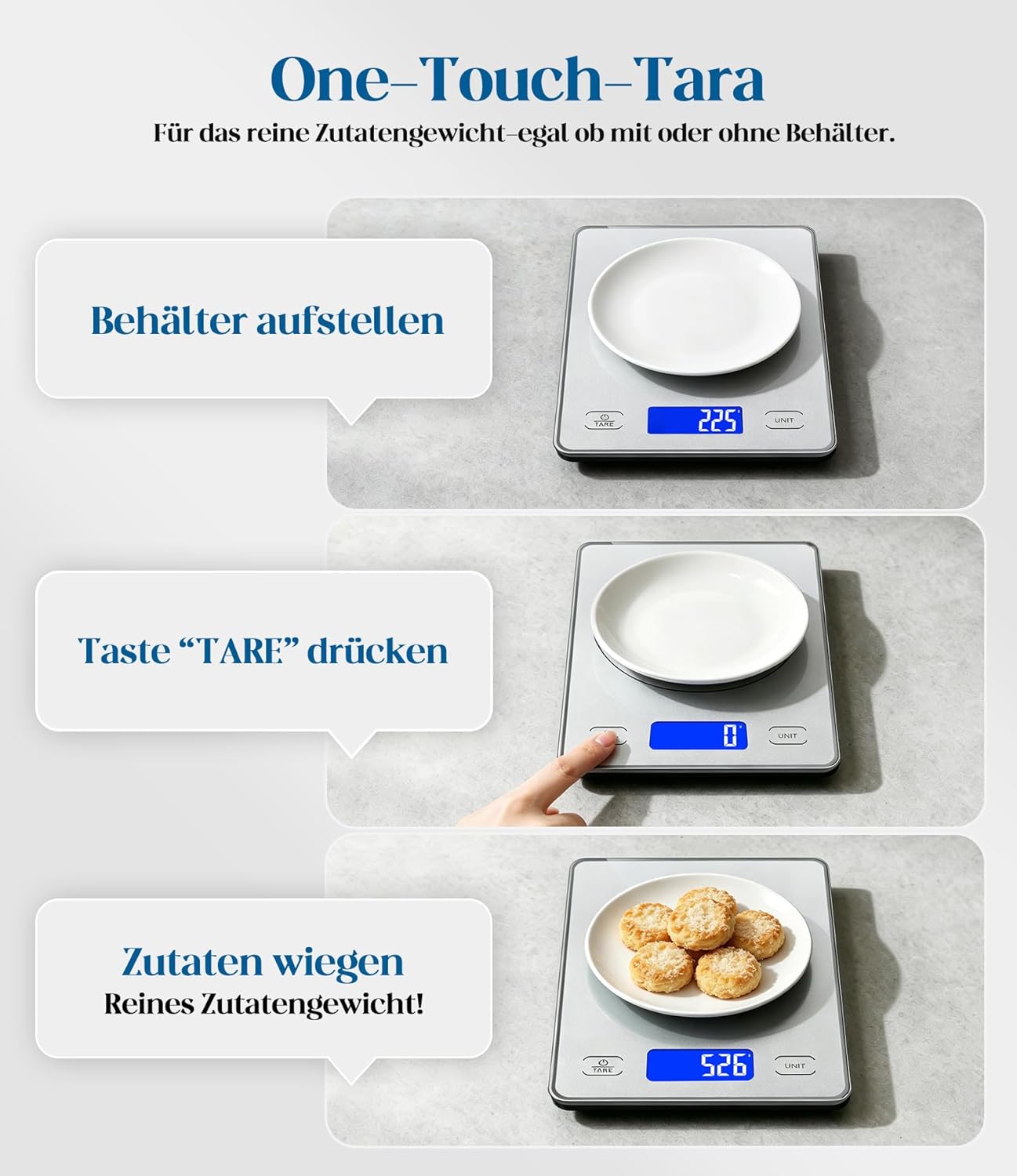 Digitale Küchenwaage mit 15 kg Kapazität, USB/Batterie, Hellsilber