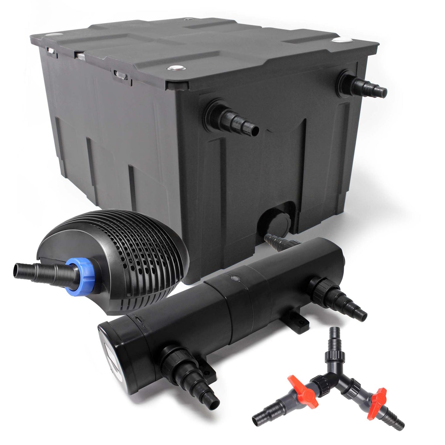 Teichfilter-Komplettset mit Pumpe & UVC-Klärer, CBF-550 Filter+8000 L/h Pumpe+24W UVC-Klärer+Y-Verteiler