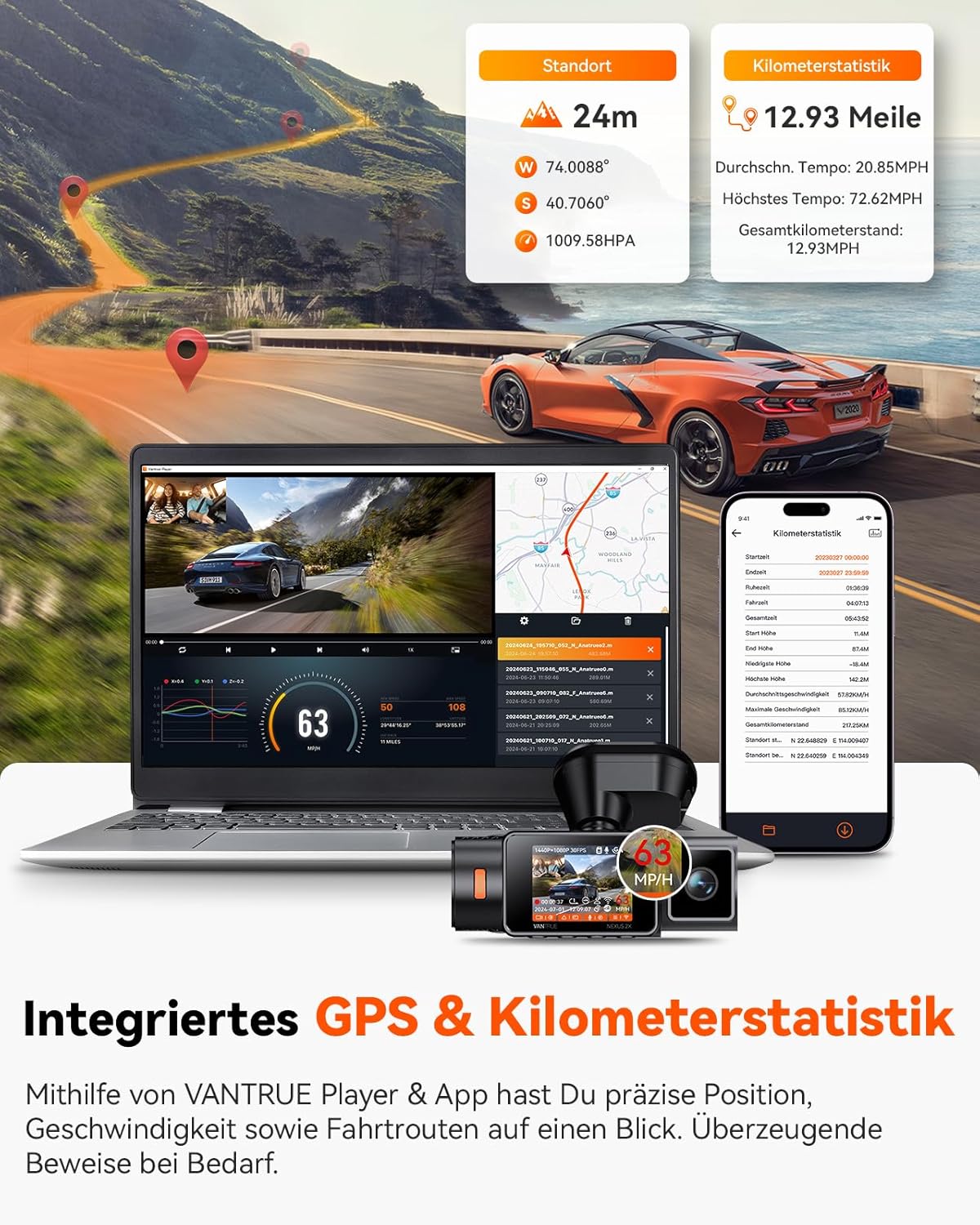 Dual-Dashcam N2X mit GPS & Sprachsteuerung, N2X