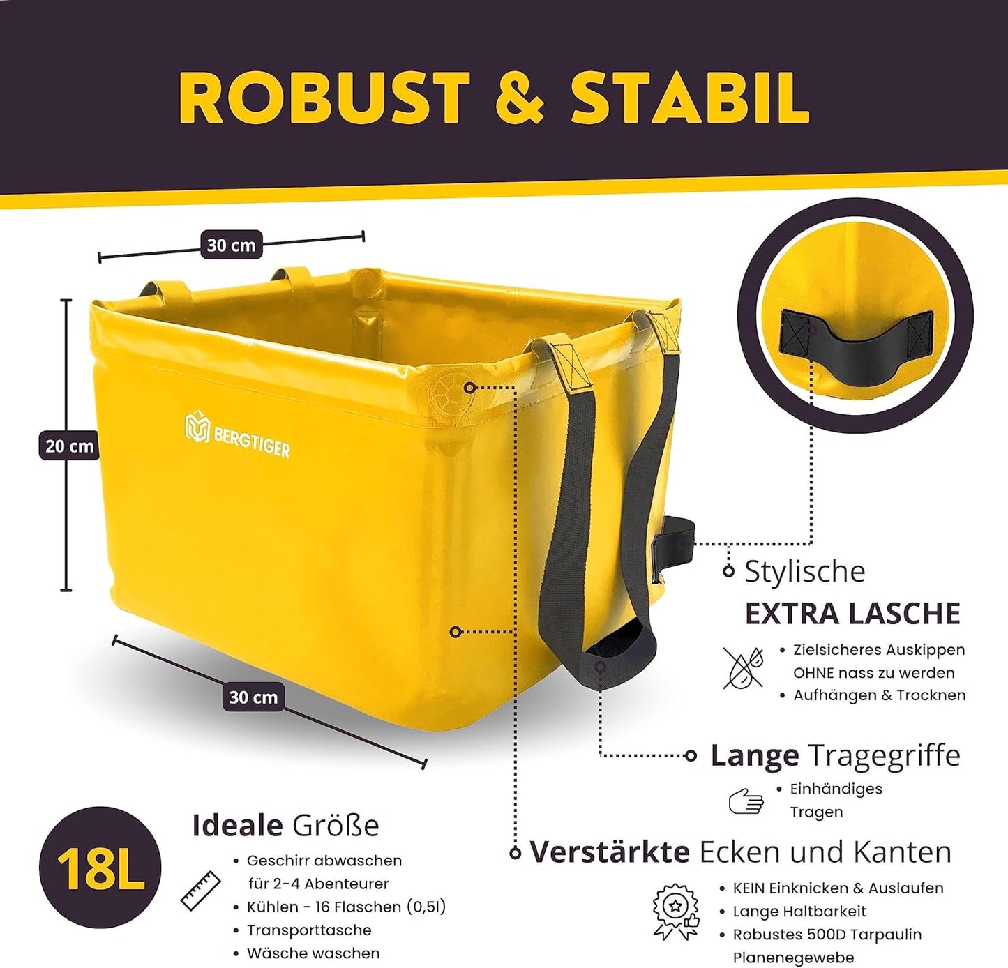 Faltbare Camping-Spülschüssel, Sonnengelb / Schwarz - 18 Liter