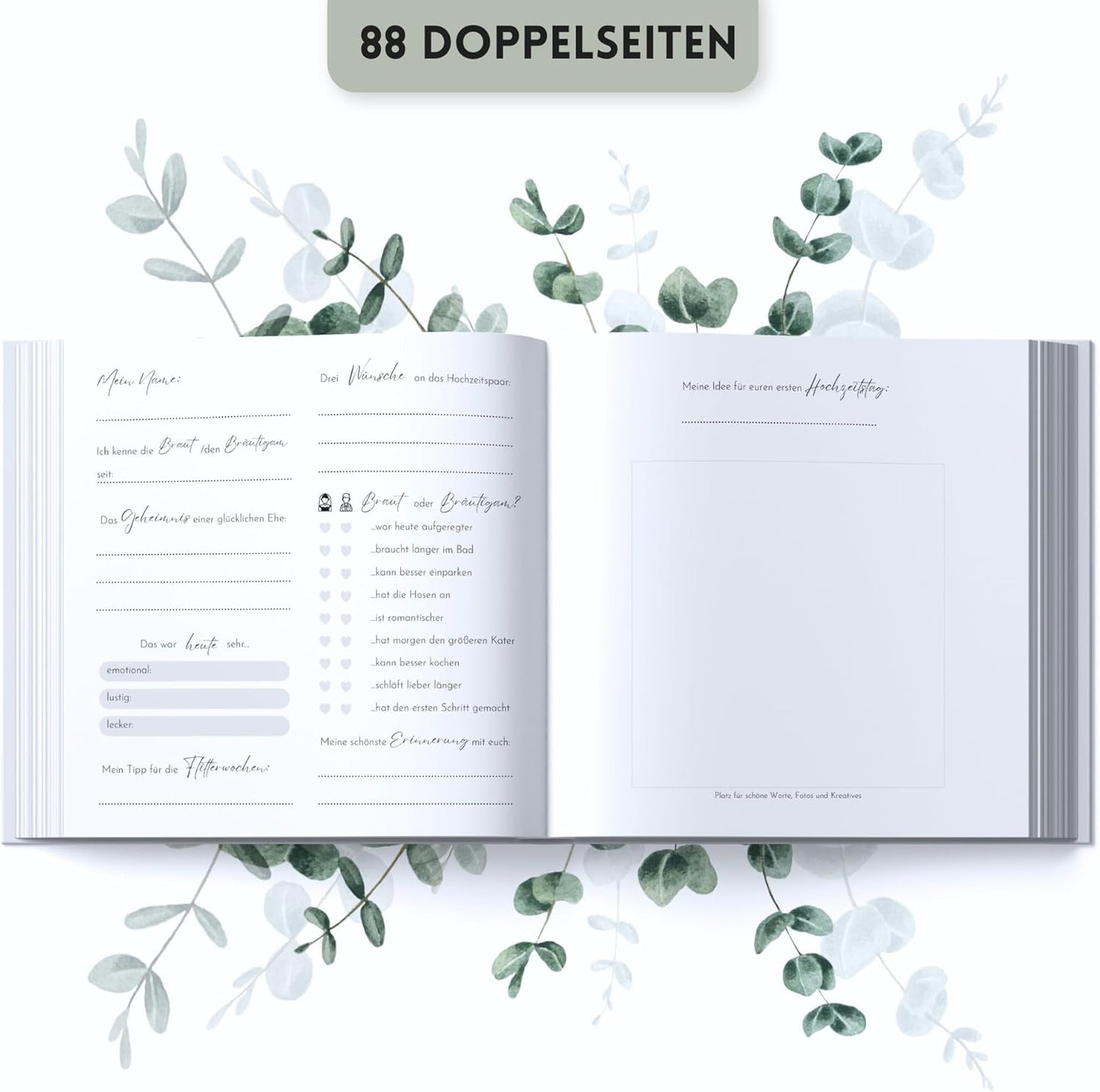 Hochzeitsgästebuch mit Fragen zum Ausfüllen, 88 Doppelseiten