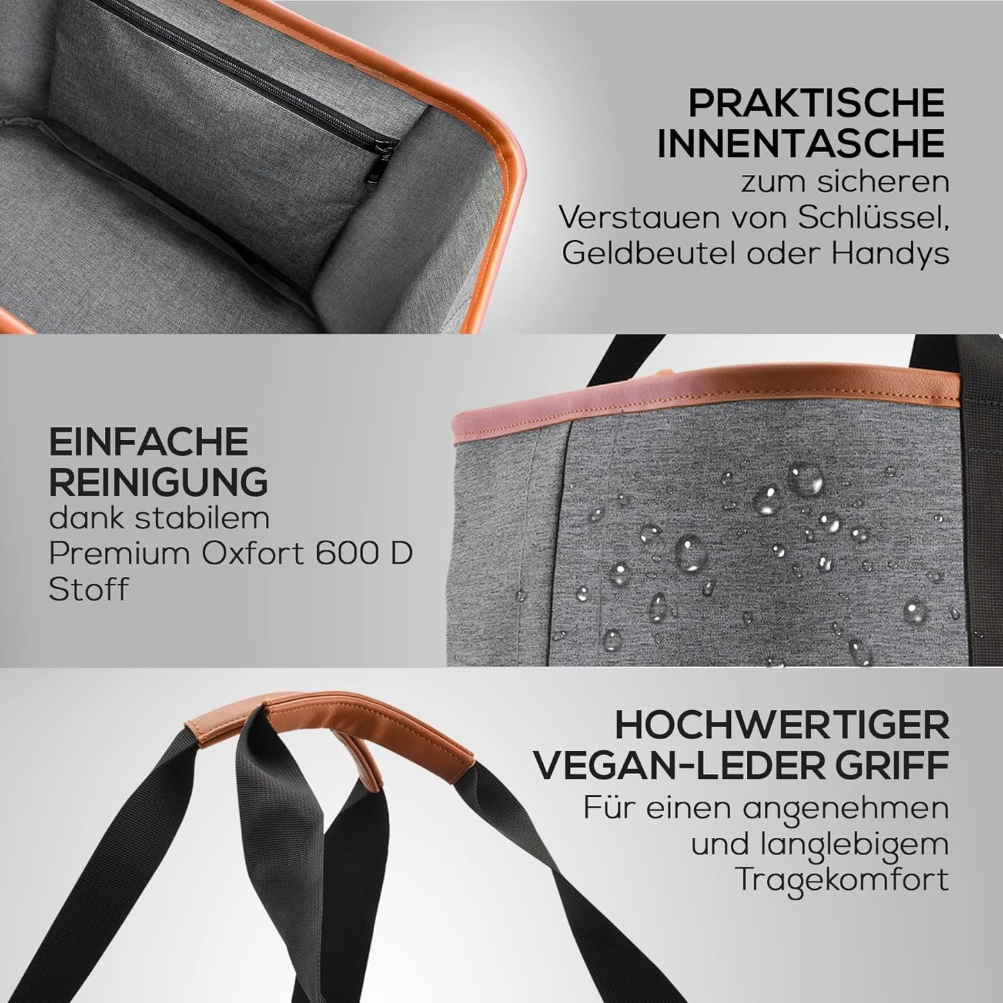 Premium faltbare Einkaufstasche mit PU-Ledergriff, Grau