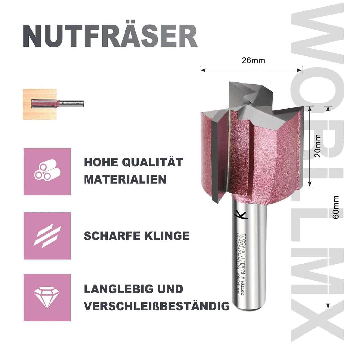 3-Klingen-Nutfräser für Holz, Ø:26mm L:20mm
